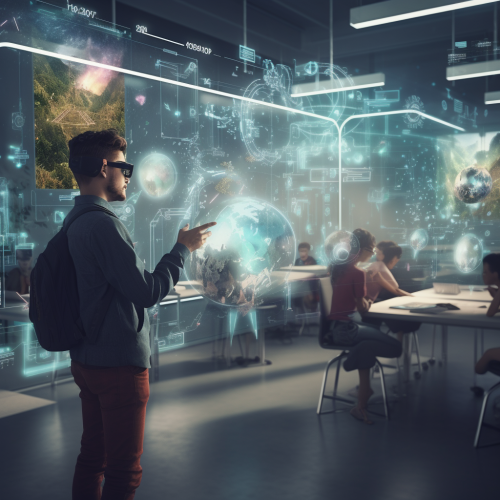 Futuristic Adult Learning Classroom with Trainer and AI Futuristic Adult Learning Classroom with Trainer and AI