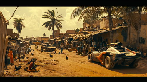 Futuristic African Village with Teenagers and Electronic Cars