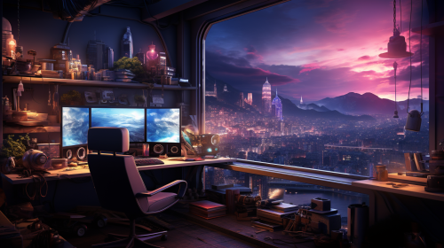 Futuristic apartment with hacker code on screens