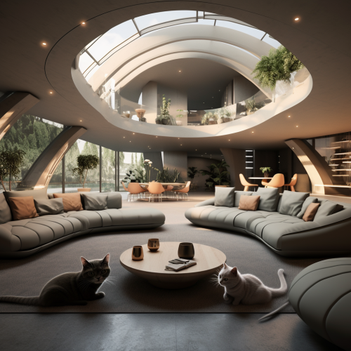 Futuristic home with leather couches and cats