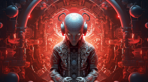 Astronaut with shamanic tambourine in futuristic data center