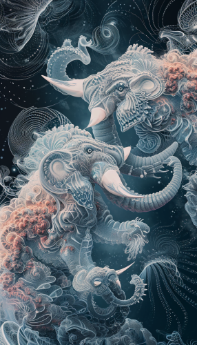 Futuristic Frost Hovering Robo Mammoths Digital Embroidered Pattern