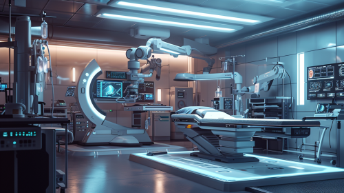 Futuristic healthcare facility with robot surgeries
