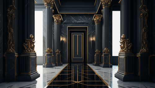 Futuristic long hallway with black marble and gold accents