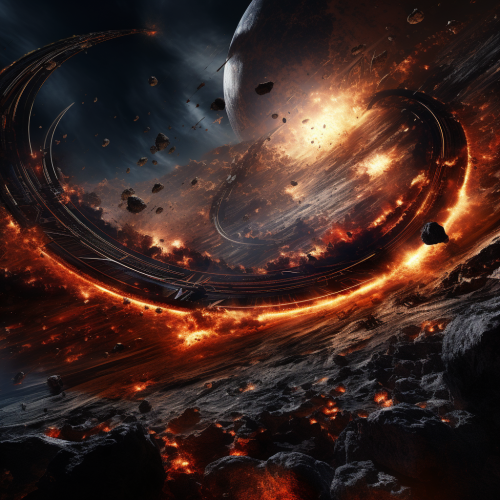 Futuristic dogfight battle on Saturn rings with explosions Futuristic dogfight battle on Saturn rings with explosions