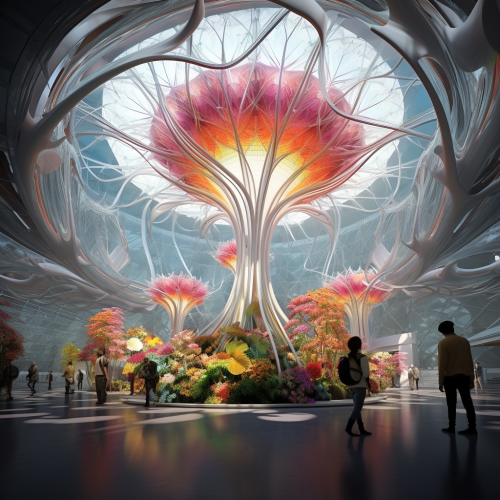 Futuristic rainbow windmill in colorful future city Futuristic rainbow windmill in colorful future city