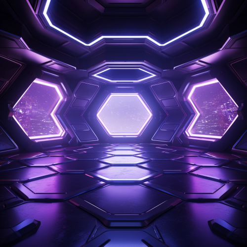 Futuristic purple-lit room with hexagon