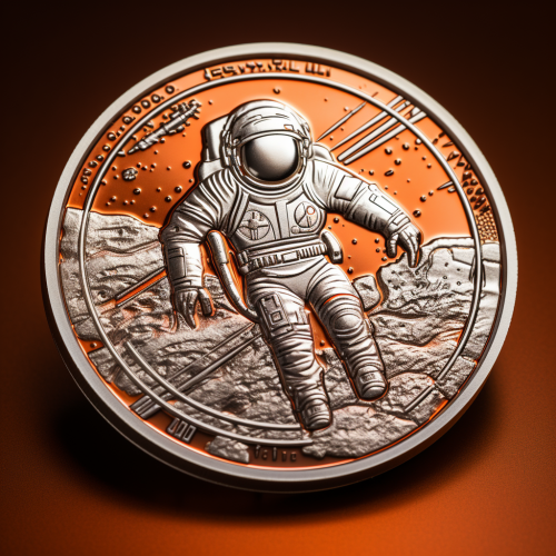Engraved realistic futuristic astronaut landing on Planet Genesys