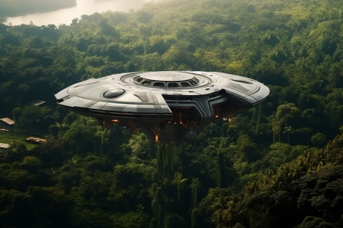 Futuristic Spaceship in Jungle Takeoff