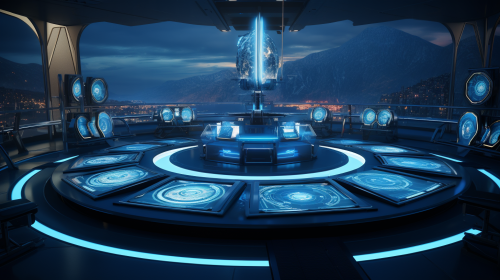 Futuristic teleportation port command center with 3D terminals and robots