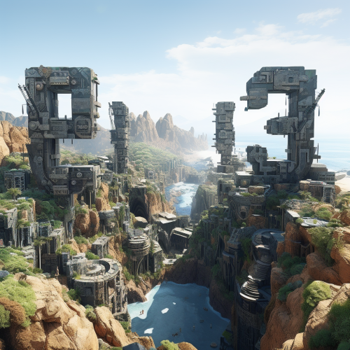 Aerial View of Futuristic Village with Unknown Letters