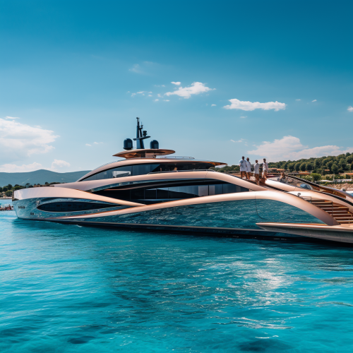 Futuristic wood yacht with pool on turquoise sea