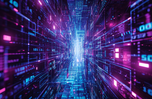 Futuristic 3D city with neon lights and computers