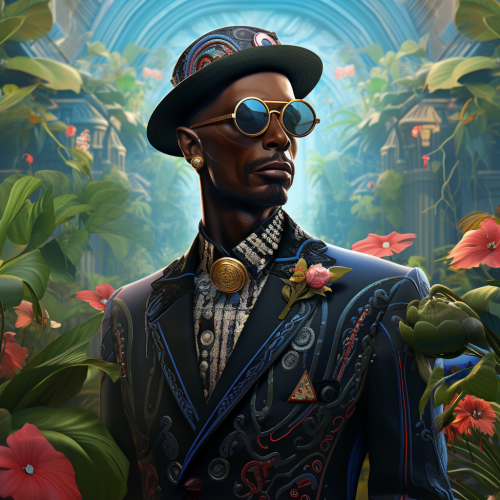 Futuristic black middle aged man in lush garden