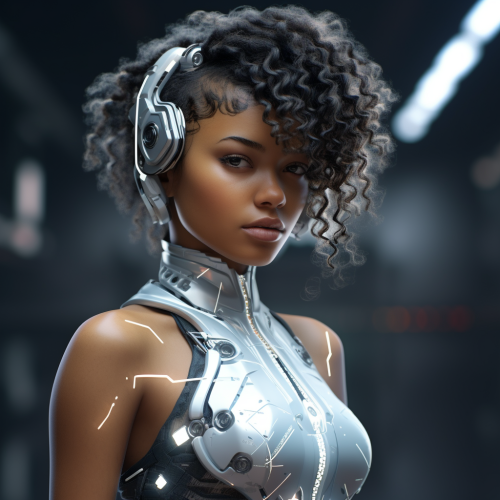 Stylish young black woman in futuristic attire