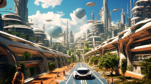 Futuristic city with flying cars