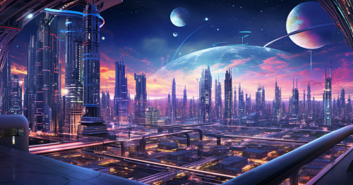 Futuristic cityscape with skyscrapers and flying vehicles