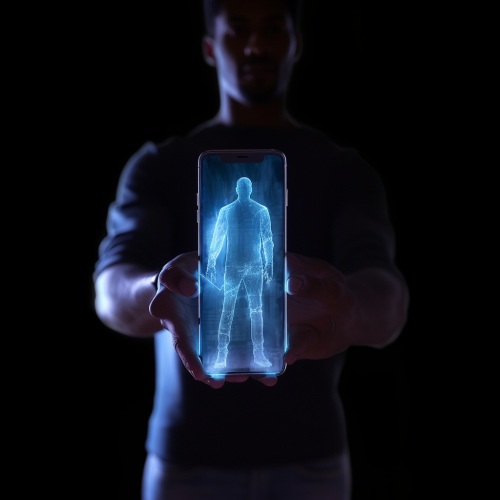 Translucent hologram of a man on a smartphone Translucent hologram of a man on a smartphone