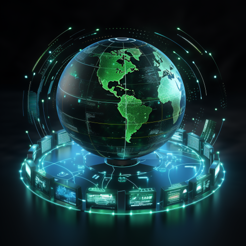 Futuristic holographic interface with green digital graphics