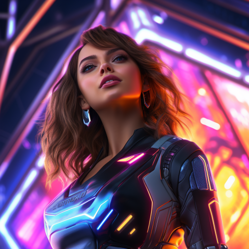 Futuristic woman in dynamic neon-lit environment