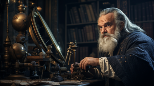 Galileo observing stars with sextant and telescope