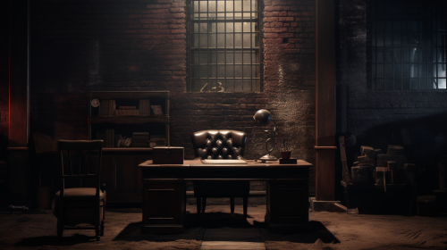 Gangster sitting at desk smiling in dimly lit office