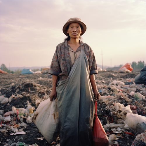 Fashionably dressed garbage worker in trash field