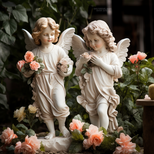 Cute angel kids surrounded by real garden flowers
