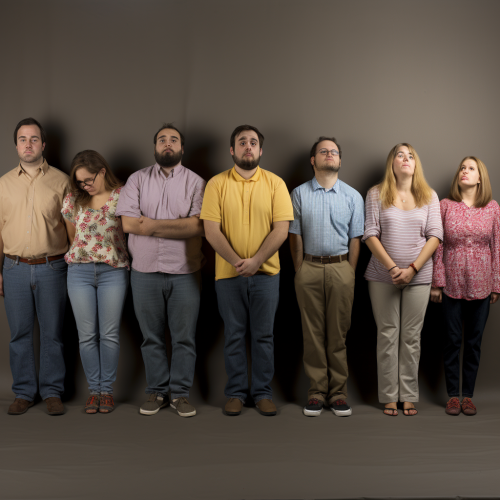 Uncomfortable individuals in generic shirts