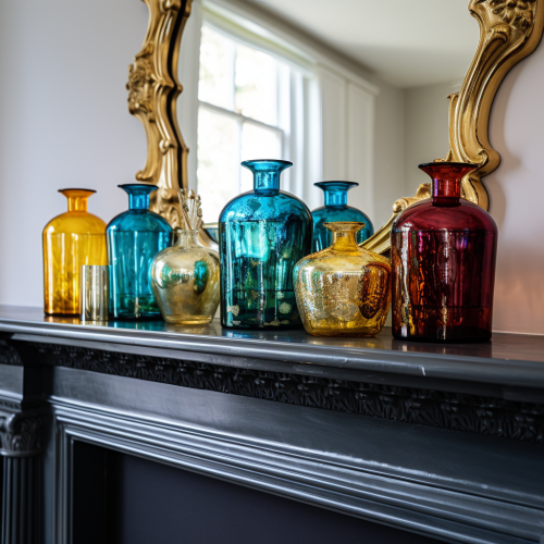 Close-up of Colorful Glass Bottles on Georgian Mantle Piece