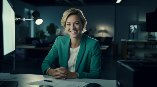 Happy German Woman Talking at Desk Happy German Woman Talking at Desk