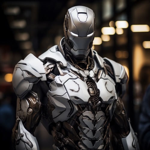 Silver armored superhero in apocalyptic setting