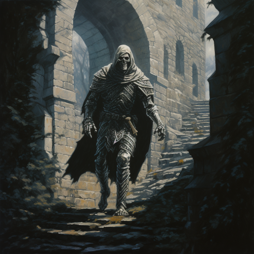 Ghost knight passing through stone wall.