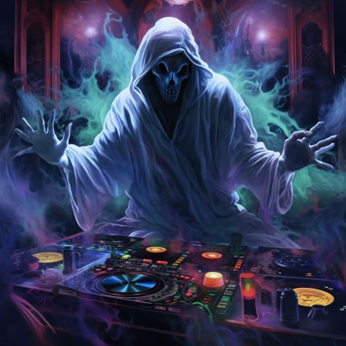 Photorealistic ghost DJ playing in a haunted club Photorealistic ghost DJ playing in a haunted club