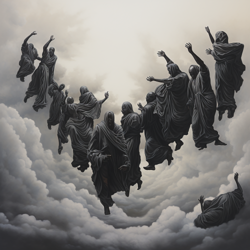 Group of ghostly black figures holding hands in line