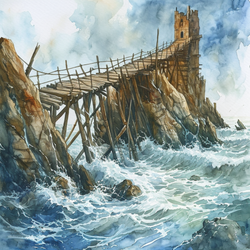 Illustration of a giant beaver dam on an ocean with a lookout bridge Illustration of a giant beaver dam on an ocean with a lookout bridge
