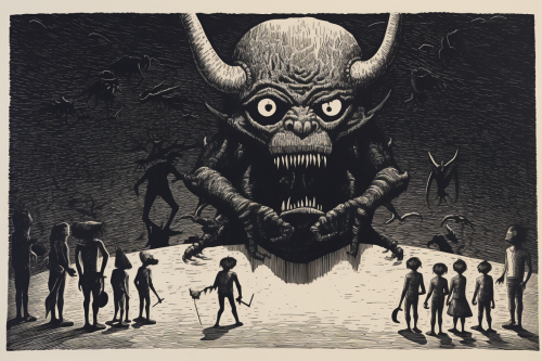 Giant devil with sythe in monochrome linocut print Giant devil with sythe in monochrome linocut print