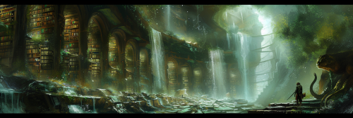 Fantasy library people reading scrolls