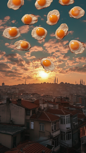 Giant fried eggs floating in Istanbul city