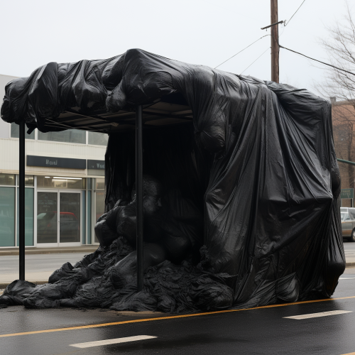 Giant garbage bag covering bus stop