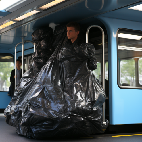 Massive trash bag on a city bus