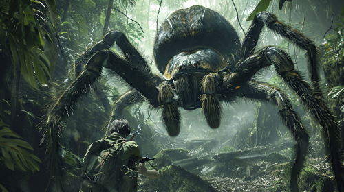 Giant spider about to attack man in jungle