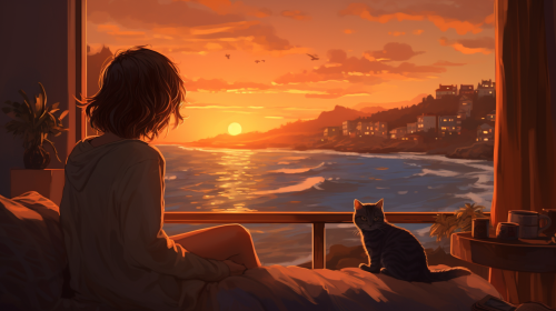 Girl in Bed with Cat by Window