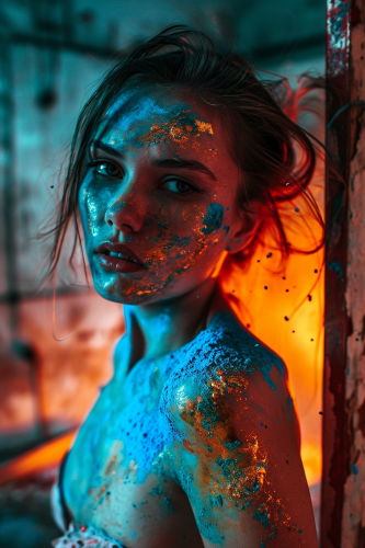 Girl in a burning house with blue sand on her chest