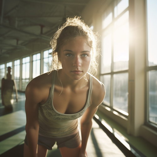 Teen girl doing push-ups in fitness studio