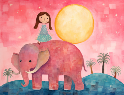 Girl riding pink elephant illustration