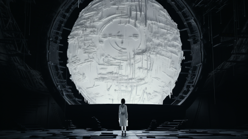 Girl in front of giant white spacecraft