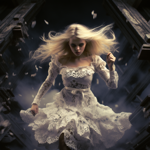 Glamorous blonde woman escaping lace fabric monsters