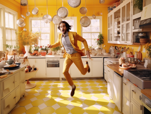 Glamorous kitchen with man running in yellow theme
