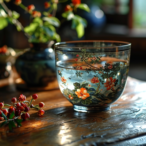 Elegant glass cup with Chinese-inspired design